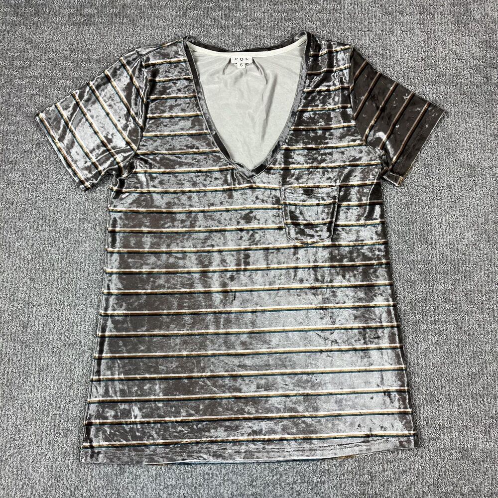 POL Shirt Womens Small Gray Crushed Velvet Stripe V Neck Pocket Tee